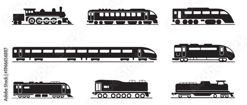 Various train silhouettes including classic steam engines high speed rails and diesel locomotives on white
