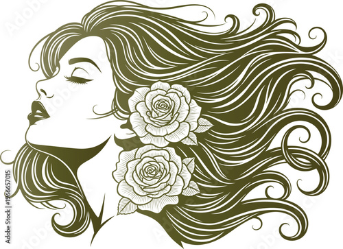 Green vector illustration of a womans face with flowers in her hair