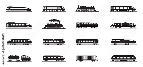 Railway transport silhouettes collection with modern bullet trains vintage locomotives and cargo freight cars