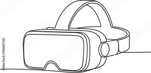 A black line drawing of a virtual reality headset