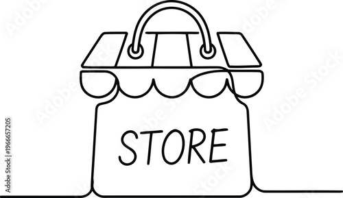 A black line drawing of a shopping bag with the word store on it