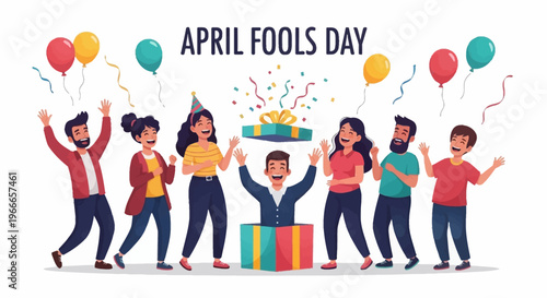 Colorful illustration of people celebrating April Fools' Day with balloons and a cake, spreading harmless hoaxes as a joke in a joyful event with a playful design on a white background.