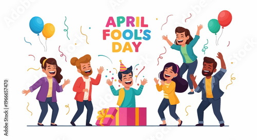 Colorful illustration of people celebrating April Fools' Day with confetti and balloons on a white background, spreading harmless hoaxes as a joke in a joyful event.