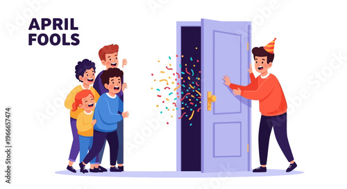 Illustration of a man in an orange shirt and party hat surprising three people with confetti coming out of a purple door on April Fools' Day with a playful and humorous mood.