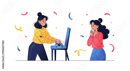 Illustration of two women celebrating April Fools' Day with a laptop and colorful confetti in a playful, annual tradition to tease and joke in a business setting.