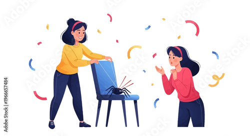 Illustration of two people celebrating April Fools' Day with a joke, surrounded by colorful confetti on a white background, spreading harmless hoaxes as a fun annual tradition in a playful