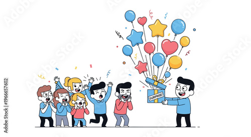 A colorful illustration of a group of people celebrating April Fools' Day with a man holding a gift and balloons, conveying a joyful and playful mood with a mix of bright colors on a white