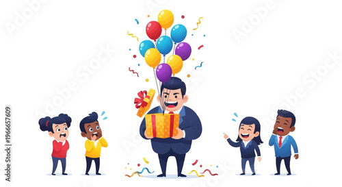 Illustration of a man with a gift and balloons surrounded by diverse people celebrating an April Fools' Day event with a joyful mood and colorful confetti against a clean white background.
