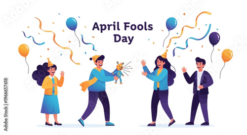 Illustration of people celebrating April Fools' Day with balloons and confetti, spreading harmless hoaxes as a joke in a colorful design on a white background.