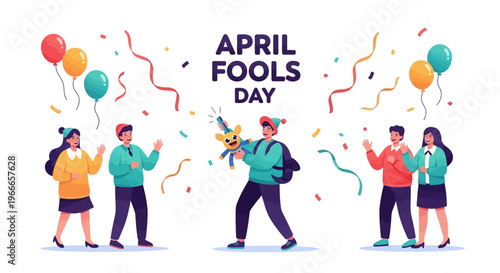 Illustration of people celebrating April Fools' Day with balloons and confetti in a colorful design for annual tradition and harmless jokes on a white background.