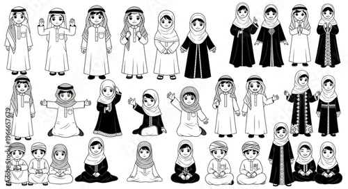 Collection of Arabic children in traditional attire, black and white illustrations.