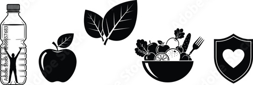 Healthy Lifestyle Icons Vector Set, Nutrition Fitness Hydration Organic Food and Wellness Symbols, Diet Health Care Concept Illustration Isolated Design