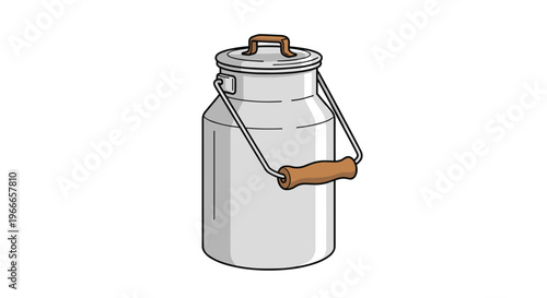 Illustration of a traditional metal milk can with a wooden handle on a white background shows a classic dairy farm tool.