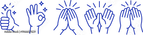 Collection of blue line art hand gestures: thumbs up, clapping, and okay sign with sparkles