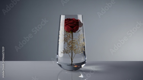 Minimalist still life of red rose in clear glass vase, studio product photo with grey background and soft shadow