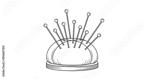 Line drawing of a sewing pincushion filled with multiple long pins with round heads sits on a plain white background.