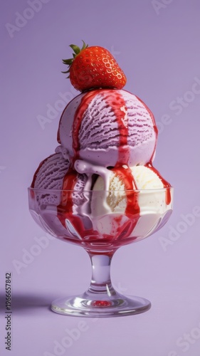 Strawberry ice cream sundae in glass, vanilla and berry scoops with red syrup drizzle, pastel dessert photo