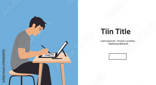 Young man artist drawing on digital tablet with stylus at his desk, creative work and digital art concept