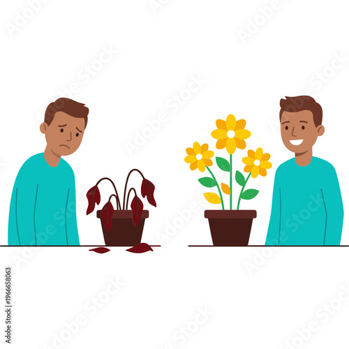 Two men compare a dying plant and a blooming flower pot
