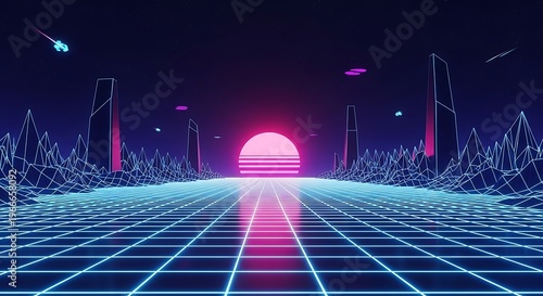 Neon grid landscape futuristic 80 s vibe with synthwave sunset and vector elements