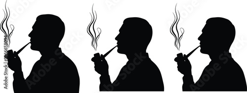 Man Smoking Pipe Silhouette Vector Illustration Set, Tobacco Addiction Habit Concept, Profile Human Figure with Smoke, Lifestyle and Health Risk Design