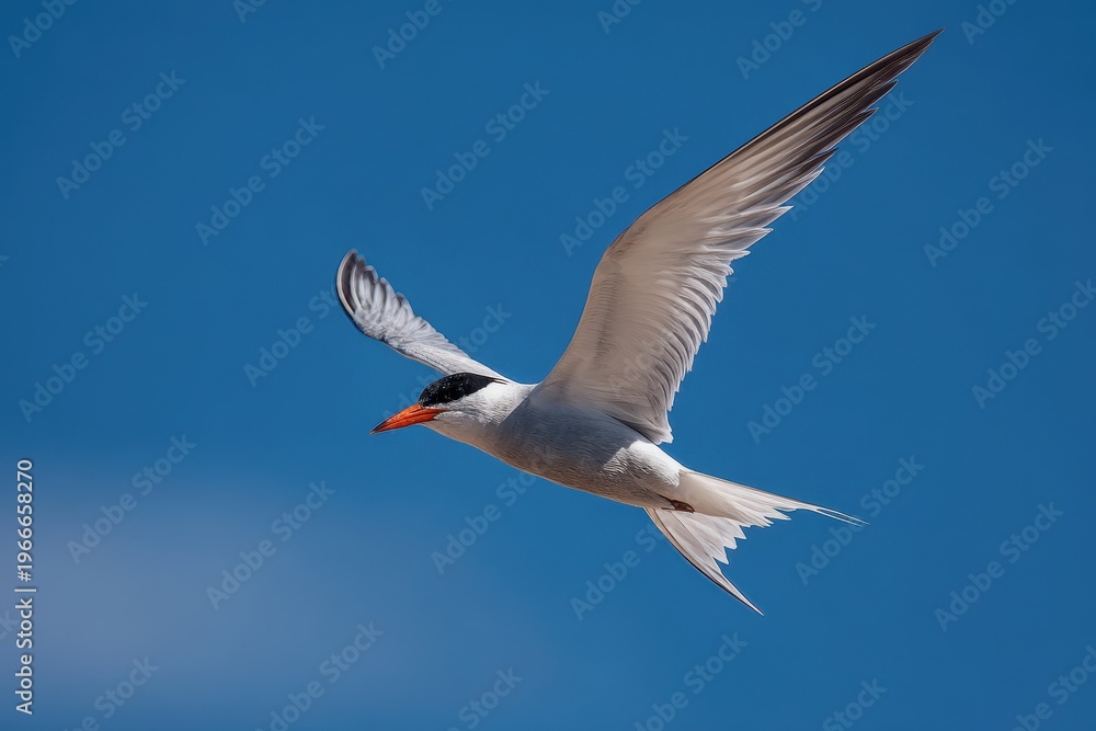 Fototapeta premium Adult tern in flight against a bright blue sky