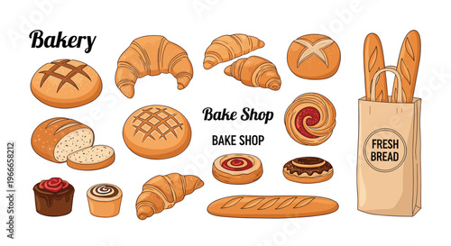 Assorted bakery products including bread loaves, croissants, and pastries are displayed alongside a bag of fresh bread.