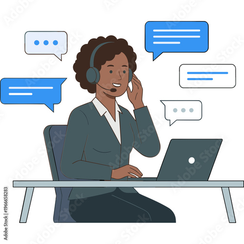 A woman wearing a headset sits at a desk with a laptop, engaged in a conversation with multiple chat bubbles around her.