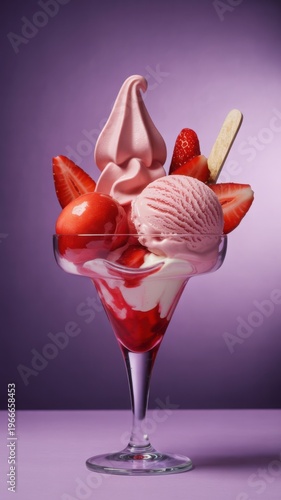 Strawberry ice cream sundae in glass, pink soft serve dessert with berries, studio food photography on purple background