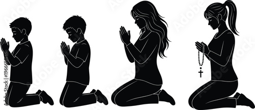 Praying people silhouettes collection with kneeling poses and rosary, spiritual faith and worship concept vector illustration isolated on clean background