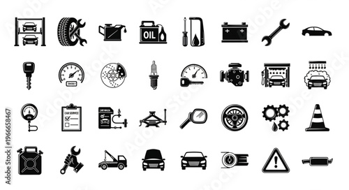 Collection of Automotive and Mechanical Icons for Service and Repair.
