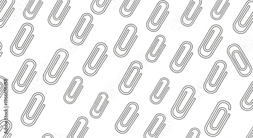 Seamless pattern features many simple line art paperclips scattered at various angles across a white background.