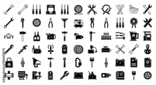 Collection of Automotive and Mechanical Tools Icons Set.