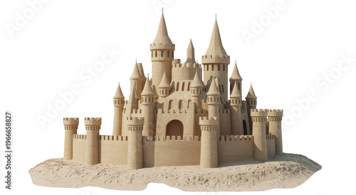 Detailed sand castle with spires and archway sandcastle isolated on a transparent background