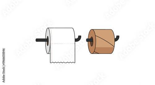 Toilet paper rolls on black holders showing a full roll and an empty cardboard tube to represent hygiene and household supplies.