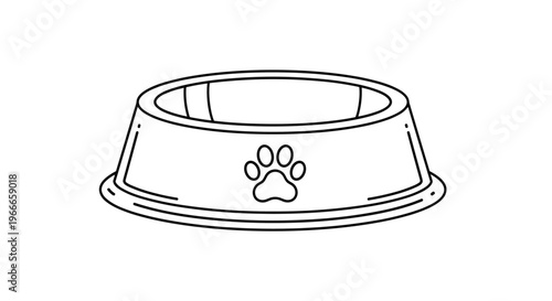 Simple black and white line drawing of a pet food or water bowl featuring a dog paw print icon on the side for animal care theme.