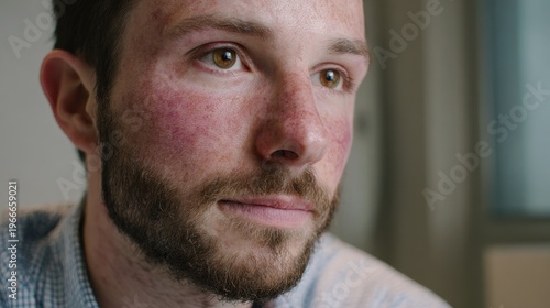 Calm head-and-shoulders portrait of a man experiencing lupus-related facial skin changes