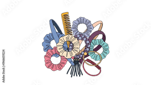 Colorful vector CAD design style illustration of various hair accessories