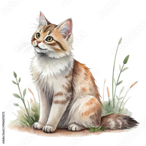 Watercolor depiction of various cat breeds showcasing a minuet breed among floral elements