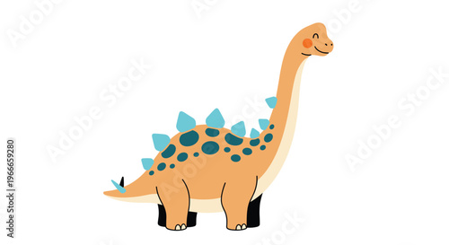 Friendly cartoon dinosaur with a long neck and blue plates on its back standing on a white background in a cute artistic style.