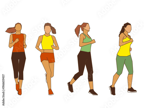 Female running flat vector. Front and side view