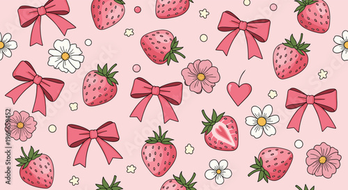 Adorable girly pattern with sweet red strawberries pink ribbons bows and delicate white flowers on a soft pastel pink background.