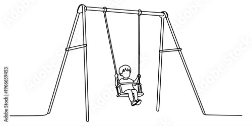 Simple line drawing illustration of a young child sitting and playing on a playground swing set