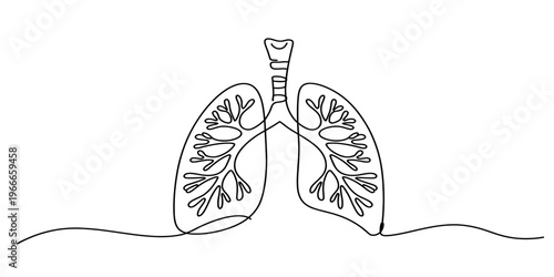 Continuous line drawing of human lungs showing the trachea and bronchial tree in a minimalist style