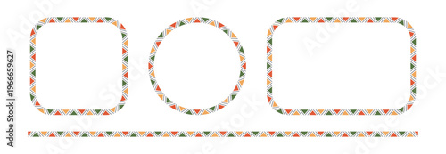 Mexican triangular pattern circle and rectangle frames set. African ethnic motif border. Aztec ornament frame. Mexican ornament. text frame. Vector illustration isolated on white background.
