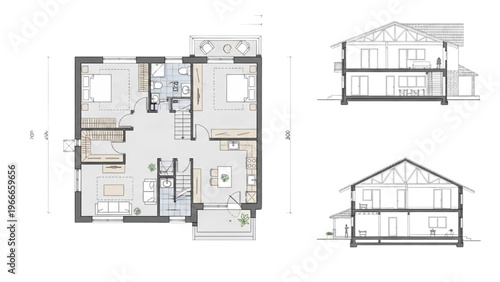 Vector CAD design style house floor plan and elevations showcase modern architecture