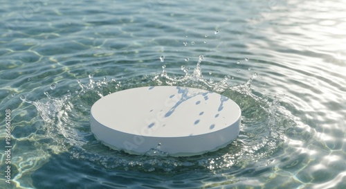 A white platform sits in water as a splash radiates outwards