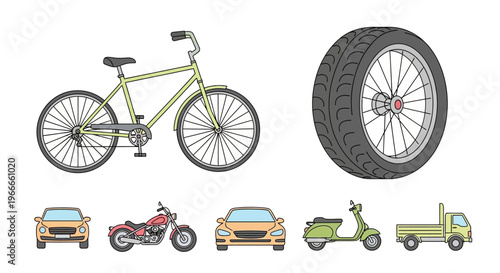 Vehicles and bike with wheel closeup.