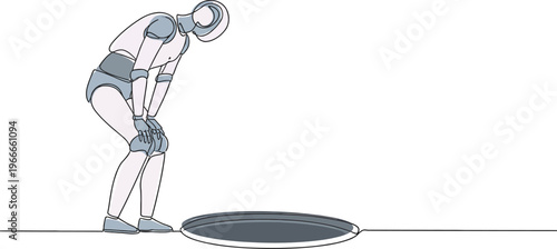 A stylized illustration of a robot leaning over to look into a dark hole or opening in the ground.