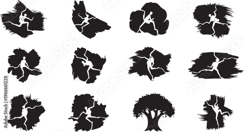 Silhouette of a person jumping from tree to tree